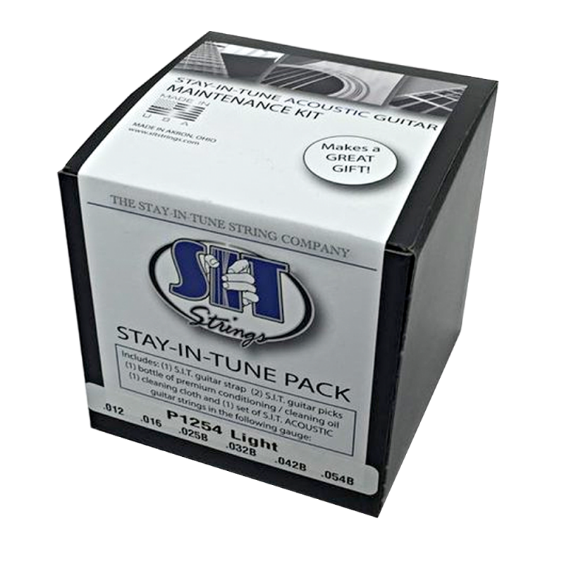 P1254 GIFT SIT GIFT PACK ACOUSTIC EXTRA LIGHT INCLUDES GUITAR STRAP, 2-GUITAR PICKS, BOTTLE CLEANING OIL, POLISH CLOTH, AND SET OF ACOUSTIC GUITAR STRINGS      SIT STRING
