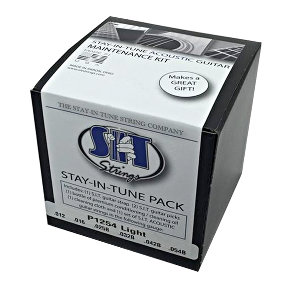 P1254 GIFT SIT GIFT PACK ACOUSTIC EXTRA LIGHT INCLUDES GUITAR STRAP, 2-GUITAR PICKS, BOTTLE CLEANING OIL, POLISH CLOTH, AND SET OF ACOUSTIC GUITAR STRINGS      SIT STRING